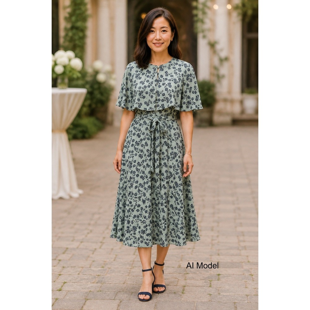 New LOFT Petite Floral Capelet Midi Dress 0P Sage Green Blue Romantic